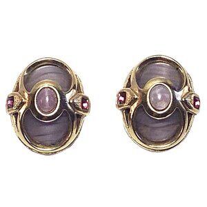 1928 Art Nouveau Inspired Chunky Oval Clip On Earrings Pink Porphyry Glass
